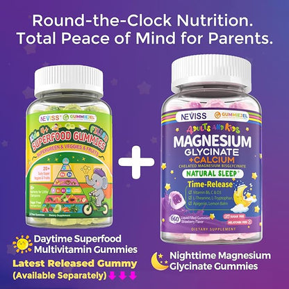 Neviss Magnesium Glycinate + Calcium Filled Gummies for Adults and Kids 4+, Kids Sleep Gummies Melatonin Free, Sugar Free Magnesium Supplement with B6 D3, L-Theanine for Zzz & Relax, Brain,Bone,Muscle