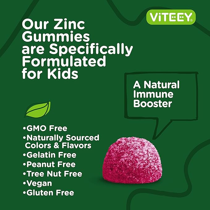 Viteey Zinc for Kids Gummies, 25mg - Immune Support - Powerful Natural Antioxidant, Kids Zinc Vitamin Supplement - Vegan, Gelatin Free, Gluten Free - Tasty Chewable Berry Flavor Gummy