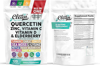 Q Defend Quercetin Supplement with Zinc Vitamin C Vitamin D Elderberry Turmeric Black Pepper Garlic Ginger Sea Moss Lysine Stinging Nettle Reishi Mushroom Immune Support 120 Capsules by Clean Nutra