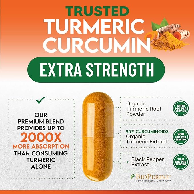 Turmeric Curcumin Supplement - 1800mg Organic Turmeric Per Serving - 95% Curcuminoids & BioPerine Black Pepper Extract for Best Absorption - Natural Vegan Joint Support, Bottled in USA - 240 Capsules