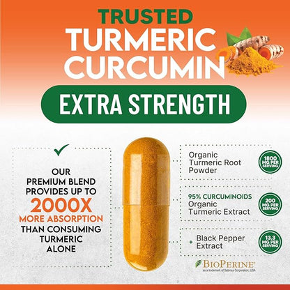 Turmeric Curcumin Supplement - 1800mg Organic Turmeric Per Serving - 95% Curcuminoids & BioPerine Black Pepper Extract for Best Absorption - Natural Vegan Joint Support, Bottled in USA - 240 Capsules