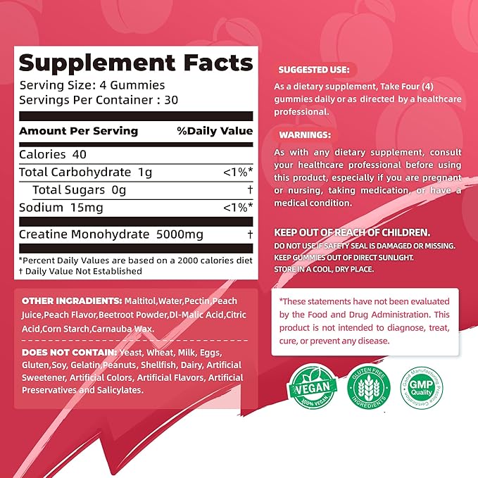 Allcoovita Creatine Monohydrate Gummies 5g for Men & Women. Boost Focus,Strength, and Endurance, Anti-Melting Formula, Vegan, Gluten-Free, Non-GMO,(Peach 120 ct)