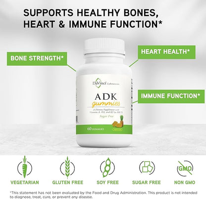 DAVINCI Labs ADK Gummies - Helps Support Bone Health & Immune Response* - Multivitamin Gummy with Vitamins A, D3 & MK-7 - Vegetarian, Gluten Free, Soy Free - Pineapple Flavor - 60 Gummies