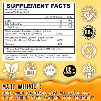 OH MY CHEWY Pure Himalayan Shilajit Gummies - High Potency Gold Grade Resin - Energy Boost and Immune Support for Men and Women with Ashwagandha and Shatavari - 120 Gummy - Peach & Mango