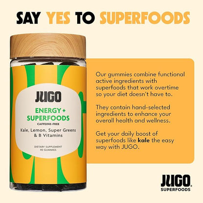 JUGO Energy + SUPERFOODS Vitamin B12 Gummies with Kale & Super Greens, Caffeine-Free Pre-Workout Energy Gummies, Vegetarian-Friendly, Gelatin-Free and Gluten-Free, Non-GMO, Made in USA, 40 Count