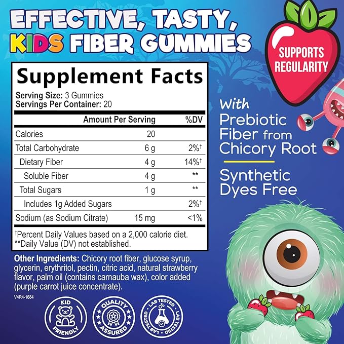 Fiber Gummies for Kids - Dietary Fiber 4g Per Serving - Daily Kids Fiber Gummy Supplement - Soluble Inulin Prebiotic Gummy for Digestive Health Support - Plant-Based Regularity Support - 60 Gummies