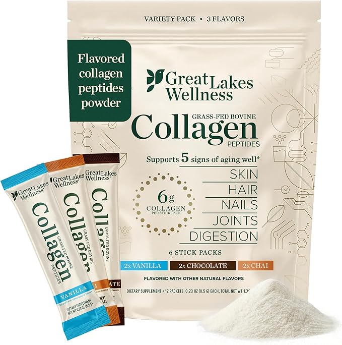 Great Lakes Wellness Collagen Peptides Powder for Skin, Hair, Nails, Joints & Digestion - Variety Flavors - Quick Dissolve Hydrolyzed, Non-GMO, Kosher - 6 Sticks - Packaging May Vary