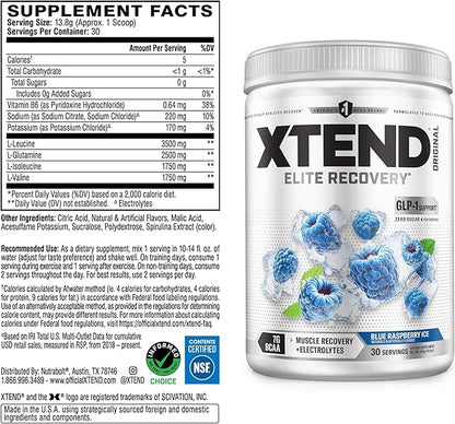 Xtend Original BCAA Powder, 7g BCAAs and 2.5g L-Glutamine for Muscle Recovery Hydration and Lean Muscle, Sugar Free Intra and Post Workout Drink with Electrolytes, Blue Raspberry Ice, 30 Servings