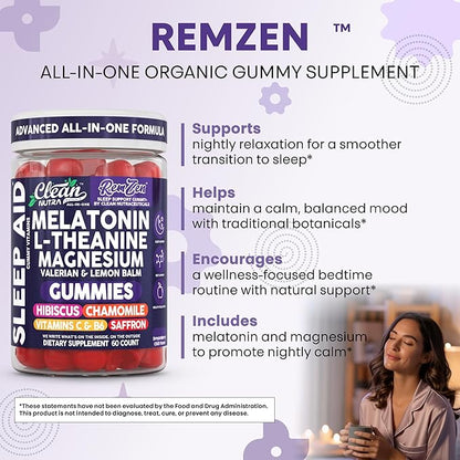 Clean Nutra Melatonin Gummies L Theanine Magnesium Valerian Root Lemon Balm Chamomile Vitamin C Gummy Saffron Sleep Aid Calm Vitamin B6 Stress Relief Hibiscus Relax Mood Happy Supplement Men Women