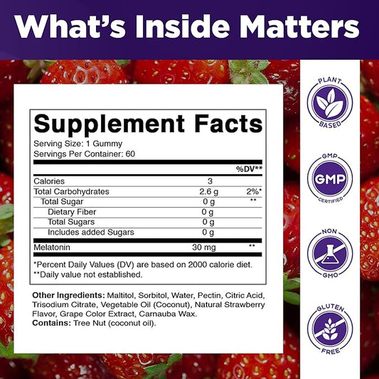 Vitamatic Sugar Free Melatonin 30mg per Gummy - 60 Servings - 60 Vegetarian Gummies - Non-Habit Forming Supplement (60 Count (Pack of 1))