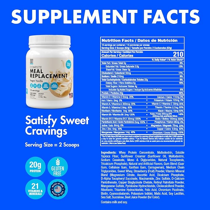 Yes You Can! Meal Replacement Shake - 20G Protein, 5G Fiber, 21 Vitamins & Minerals - Meal Replacement Protein Powder - Complete All-in-One Nutrition - 15 Servings (Vanilla) - 2 Pack