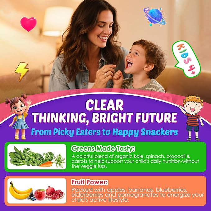 Kids Brain Gummies with Lion's Mane Mushroom, Methyl B6, B9, B12, Supper Greens, Lutein, Brain Booster Supplement for Focus & Attention, Cognitive Function, Vision & Energy, Sugar Free, Vegan 2 Pack