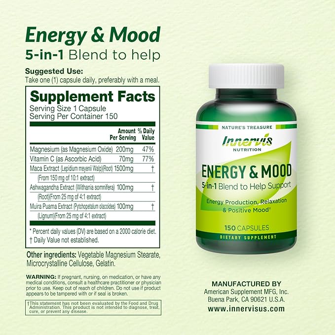 Energy & Mood Supplement – Boost Energy & Reduce Fatigue, Support Relaxation – 150 Capsules – Non-GMO, 3rd Party Tested – Innervis Nutrition