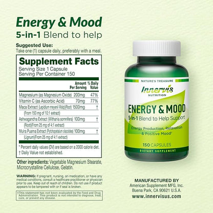 Energy & Mood Supplement – Boost Energy & Reduce Fatigue, Support Relaxation – 150 Capsules – Non-GMO, 3rd Party Tested – Innervis Nutrition