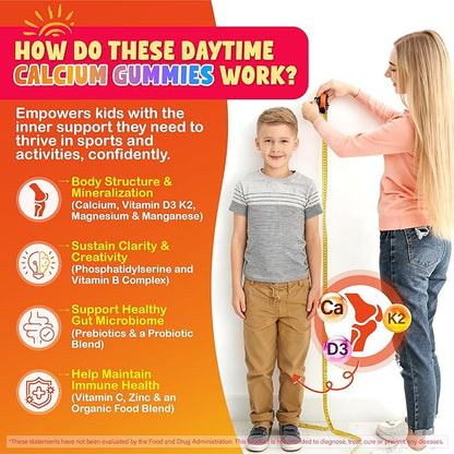 Kids Calcium Magnesium Supplement Gummies - Calcium Citrate 800mg with Magnesium Glycinate 200mg, L-Theanine, Vitamin D3 K2 & Omega-3 Multivitamin for Kids Day & Night Gummies - Vegan, Sugar Free