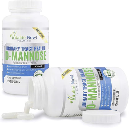 High Strength Pure D-Mannose with Cranberry Extract for Natural Urinary Tract Infections and UTI Support - Digestive Health - Immune System Support - 700mg - Non-GMO - 120 Pills