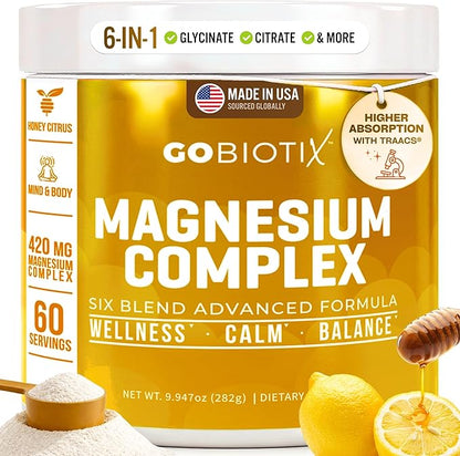 GoBiotix Magnesium Glycinate Powder – Cortisol Supplements for Women and Men – High Absorption Magnesium Complex Calm Supplement with Citrate, Malate – Sugar Free – 420 mg, 60 Servings - Honey Citrus
