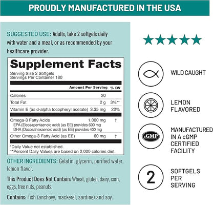 NatureWise Extra-Strength Omega 3 Fish Oil Supplement - 1000mg per Serving - 600 EPA & 400 DHA and Vitamin E - Support for Heart & Brain Health - Lemon Flavor, GMO-Free - 360 Softgels[6-Month Supply]