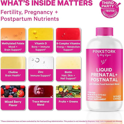 Pink Stork Liquid Prenatal Vitamins for Women - for Fertility, Pregnancy, Postpartum - Morning Sickness Support - 64 Servings - 2 Pack