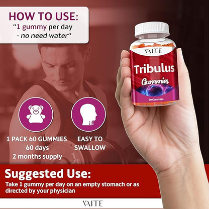 VAITE Tribulus Terrestris Gummies 1000 mg – 60 Chewable Gummies – Vegan, Sugar-Free, Gluten-Free, Non-GMO – Plant-Based Daily Formula – No Water Needed – Easy-to-Take Supplement Format