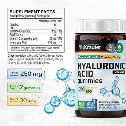 BIO KRAUTER® Hyaluronic Acid with Vitamin С for Skin Hydration Support - Vegan Hyaluronic Acid Supplements 250 mg Strength for Beauty & Collagen Support - 60 Gummies, Non-GMO, Banana Flavor