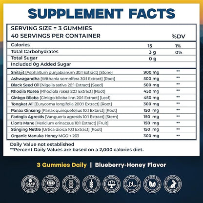 KLEVIRO 30:1 Shilajit Gummies for Men | 78% Fulvic Acid | 11-in-1 Complex with Ashwagandha, Tongkat Ali, Manuka Honey, Rhodiola, Lion's Mane | No Added Sugar | GMP Certified & Lab Tested