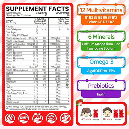 Iron Gummies for Kids & Teens, Kids Multivitamin with Iron Supplement, Vitamin B Complex, A, C, D3, Calcium, Zinc, DHA, Prebiotic, Blood Builder & Energy Support for Iron Deficiency, Vegan, 60 Ct