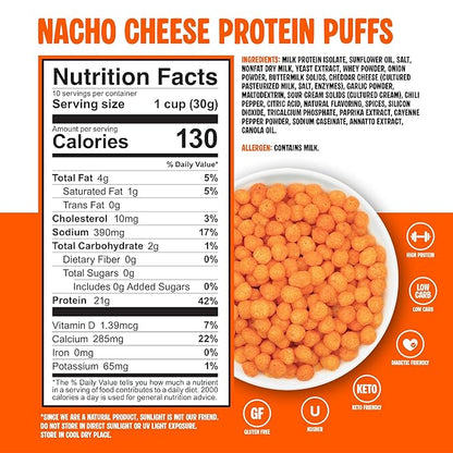 Twin Peaks Protein Puffs - (Nacho Cheese), Keto Friendly, Low Carb Snack (300g, 21g Protein, 2g Net Carbs, High Protein, Healthy Crunchy Snack).