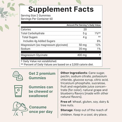 Magnesium Glycinate Gummies 400mg Per Serving, 120 Count | Natural Grape Blueberry Flavor | Potent Elemental Form + Chelated for High Absorption | Healthy Muscle, Bones, & Mood Support Supplement