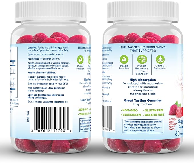 SlowMag Magnesium Citrate Gummies, 60 Count, Supports Muscle Health, Natural Berry Flavor, Recovery & Relaxation Pack of 2