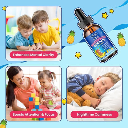 2 Pack Kids Magnesium Glycinate Liquid with L-Theanine Omega-3, Vitamin B6, D3, Zinc, Magnesium Liquid Drops for Kids Sleep, Relaxation, Calm & Focus, Pineapple Flavor