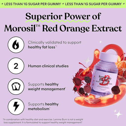 Lemme Burn Belly Fat & Metabolism Gummies for Women & Men with Clinically Studied Morosil, Black Ginger, B6, B12, Chromium, Vegan, Gluten-Free, Berry Flavor (60 Count)
