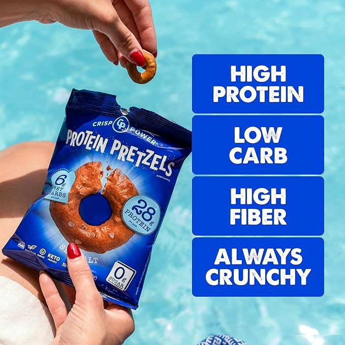 CRISP POWER Protein Pretzels, Sea Salt, 28G Protein, High Protein Snack, High Fiber, Low Carb Crunchy Pretzel Snacks, No Added Sugar, 1.75 oz Bags, 24 Pack, Vegan, Keto