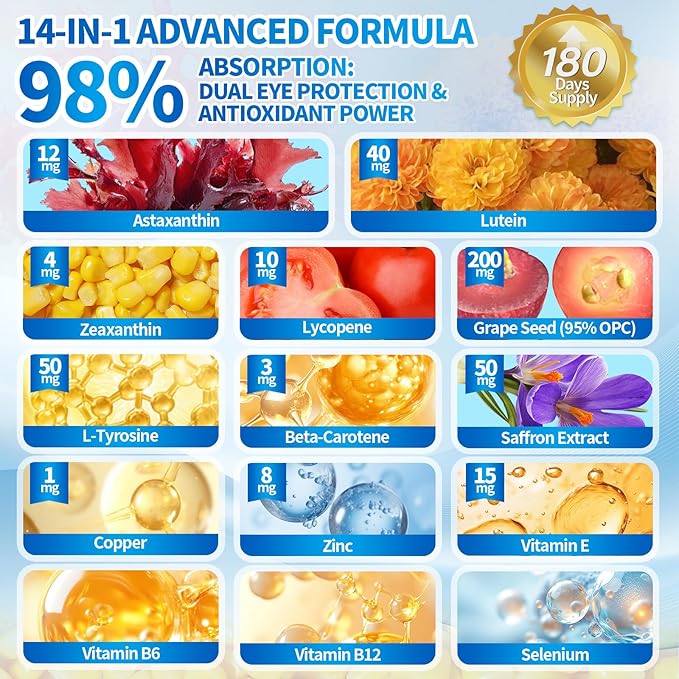 14-in-1 Astaxanthin 12mg & Lutein 40mg with Zeaxanthin Supplements, 24 Month Supply, Fresh Microalgae Source, Supports Eye, Skin, Antioxidant, Joint, Circulatory Health, Non-GMO, Gluten Free, 4 Bag