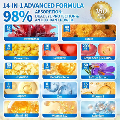 14-in-1 Astaxanthin 12mg & Lutein 40mg with Zeaxanthin Supplements, 24 Month Supply, Fresh Microalgae Source, Supports Eye, Skin, Antioxidant, Joint, Circulatory Health, Non-GMO, Gluten Free, 4 Bag