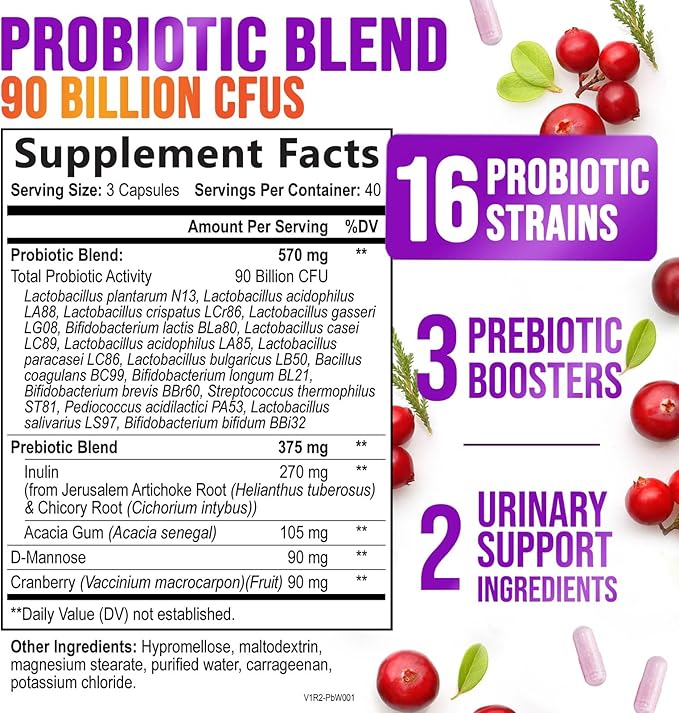 Probiotics for Women - Probiotic Blend 90 Billion CFU Per Serving - Women's Probiotic for Targeted Vaginal & Digestive Health Support - 16 Strains, Cranberry, Prebiotics - Bottled USA - 120 Capsules