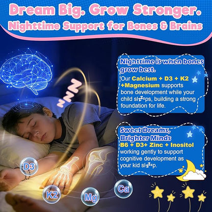 Kids 4+ Nighttime Multivitamin, Melatonin Free Sleep Aid Gummies w/Magnesium Glycinate, Saffron, L-Theanine, Calcium, Inositol, D3+K2, Zinc Supports Calm Mood, Brain, Bone & Immune, Sugar Free, 2 Pack