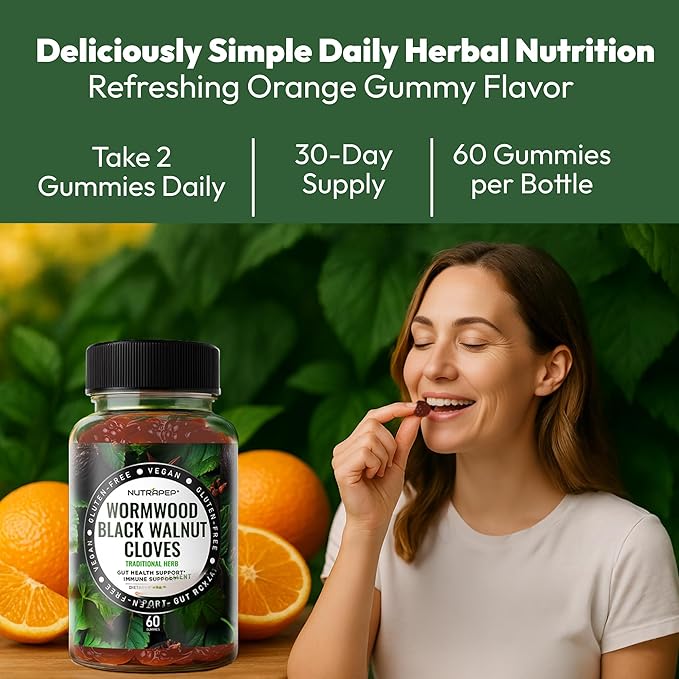 NutraPep Wormwood Black Walnut & Cloves Gummies - Gut Health Immune Support & Natural Detox Cleanse Traditional Herbal Supplement - Vegan Gluten-Free Non-GMO Orange Flavor 60 Gummies