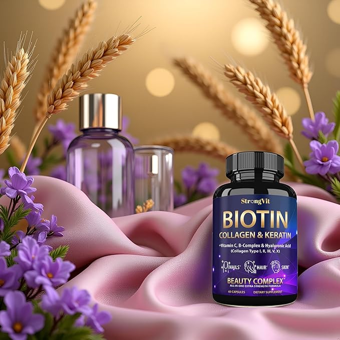 Biotin with Hyaluronic Acid, Keratin and Collagen Supplements - 10000mcg for Hair Growth Women and Men - Hair Skin and Nails Vitamins - 60 Capsules
