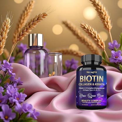 Biotin with Hyaluronic Acid, Keratin and Collagen Supplements - 10000mcg for Hair Growth Women and Men - Hair Skin and Nails Vitamins - 60 Capsules