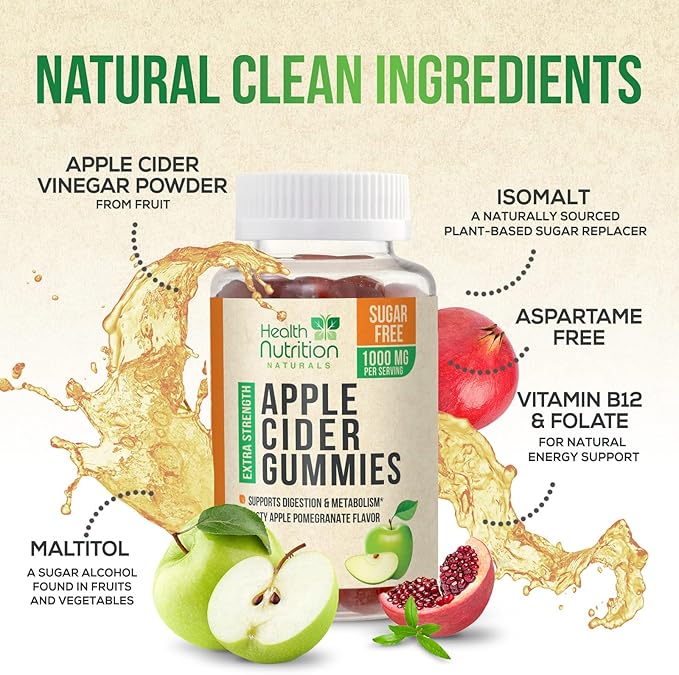 Apple Cider Vinegar Gummies - Sugar Free - Apple Cider Vinegar Powder 1000mg Per Serving - Max Strength ACV Gummy Vitamins - B12 & The Mother - Metabolism & Energy Support - Keto & Vegan - 120 Gummies