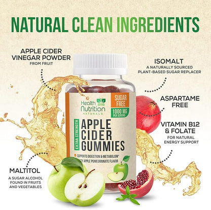 Apple Cider Vinegar Gummies - Sugar Free - Apple Cider Vinegar Powder 1000mg Per Serving - Max Strength ACV Gummy Vitamins - B12 & The Mother - Metabolism & Energy Support - Keto & Vegan - 120 Gummies