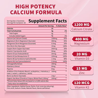 120 CT Calcium 1200 Mg with Vitamin D3 K2 Gummies for Adults,Calcium Citrate Supplements Gummies Women & Men - Calcium Gummies with Magnesium & Zinc,B6, B12- Extra Absorption Calcium Supplement
