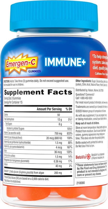Emergen-C Immune+ Triple Action Immune Support Gummies, BetaVia (R), 1000mg Vitamin C, B Vitamins, Vitamin D and Antioxidants, Super Orange, Back to School Essentials - 45 Count