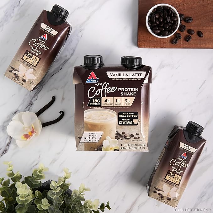 Atkins Iced Coffee Vanilla Latte Protein Shake, Coffee and Vanilla Flavored, 15g Protein, 4g Net Carbs, 1g Sugar, Low Carb, Keto Friendly, High Protein Shake, 12 Pack (11 fl. oz each)