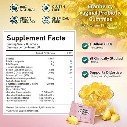 Premium Feminine Balance Gummies for Women, Feminine Balance & Digestive Support, Immune Support, Vegan & Gluten Free, Hawaiian Pineapple Flavor, 30 Gummies