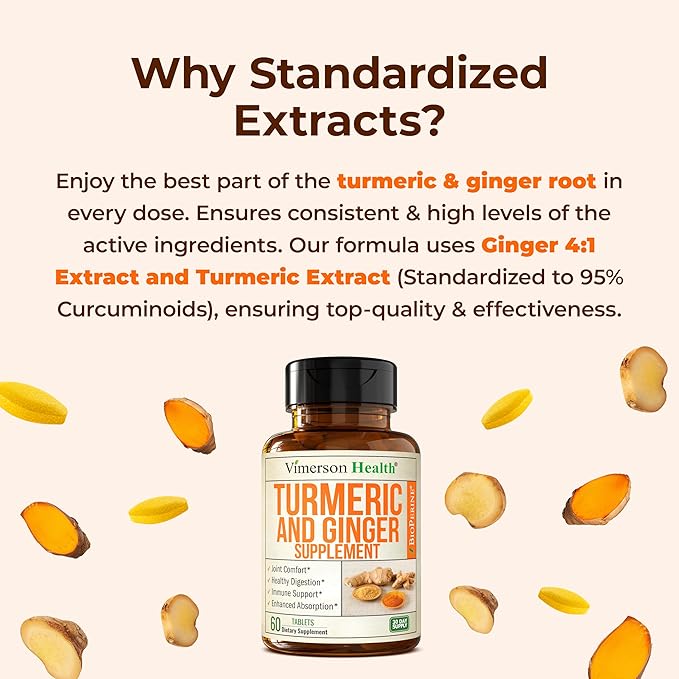 Turmeric Curcumin Supplement with Ginger Root for Joint Support, Digestive & Gut Health - Contains Organic Turmeric Curcumin with Black Pepper (Bioperine) for Enhanced Absorption - 60 Tablets