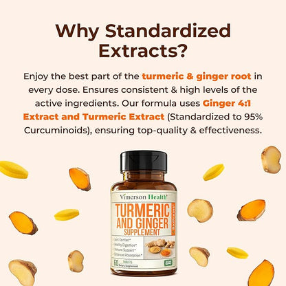 Turmeric Curcumin Supplement with Ginger Root for Joint Support, Digestive & Gut Health - Contains Organic Turmeric Curcumin with Black Pepper (Bioperine) for Enhanced Absorption - 60 Tablets