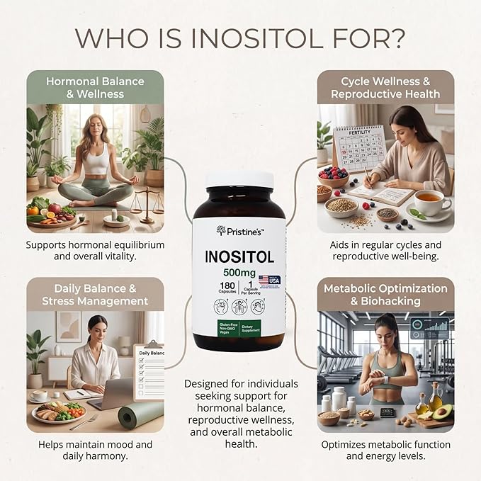 PRISTINE'S Myo Inositol PCOS Supplement Capsules - 500mg 180 Day Supply - Vegan, Gluten Free, Non GMO