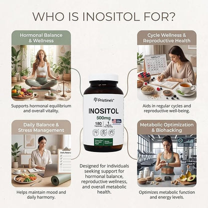 PRISTINE'S Myo Inositol PCOS Supplement Capsules - 500mg 180 Day Supply - Vegan, Gluten Free, Non GMO